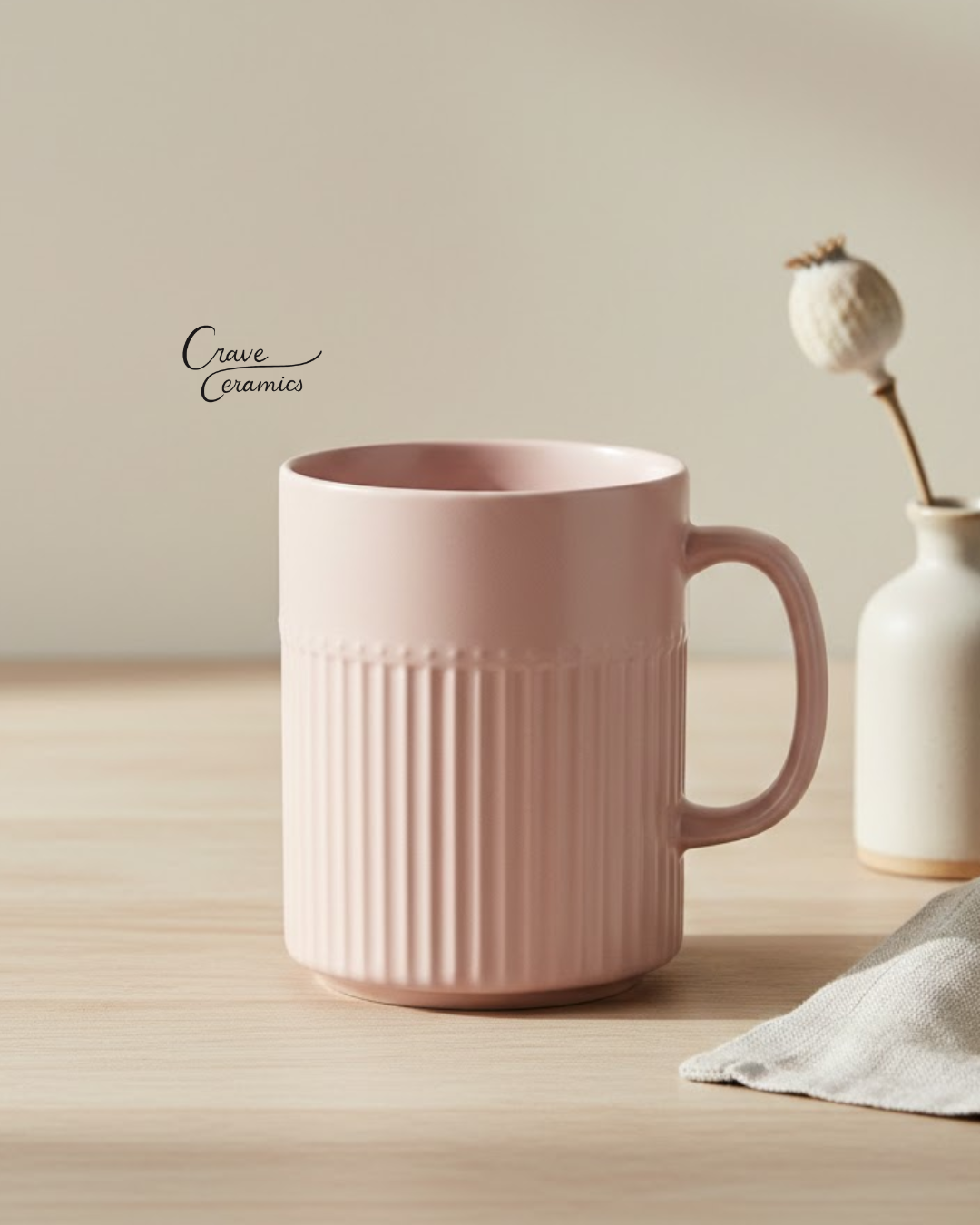 Modern Ribbed Coffee Mug – Pastel Pink Ceramic Cup - Stylish Kitchen Decor & Housewarming Gift